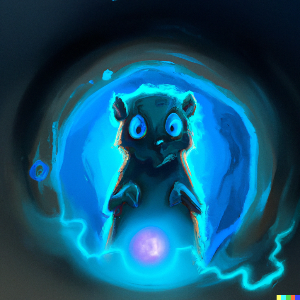 Image generated with DALL-E and the prompt 'A digital illustration of a blue gopher staring to a wobbly shimmering Rick and Morty style portal. Eerie feeling, trending in artstation.'