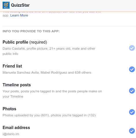 Permisos de QuizzStar, una de les aplicacions de tests